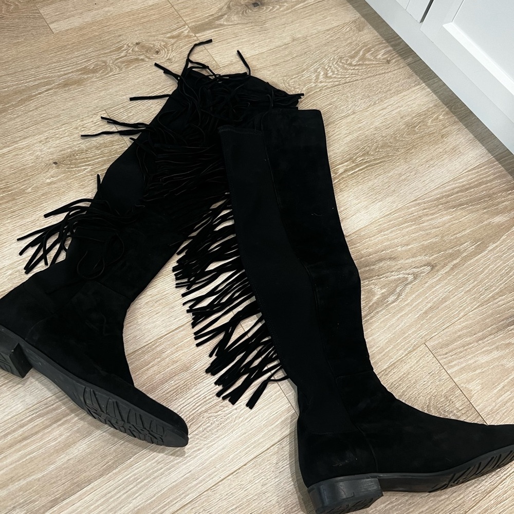 Stuart Weitzman Black Over the Knee Fringe Boots